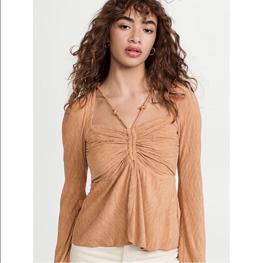 Jonathan Simkhai Textured Ruched Long-Sleeve Top in Brown NWT
